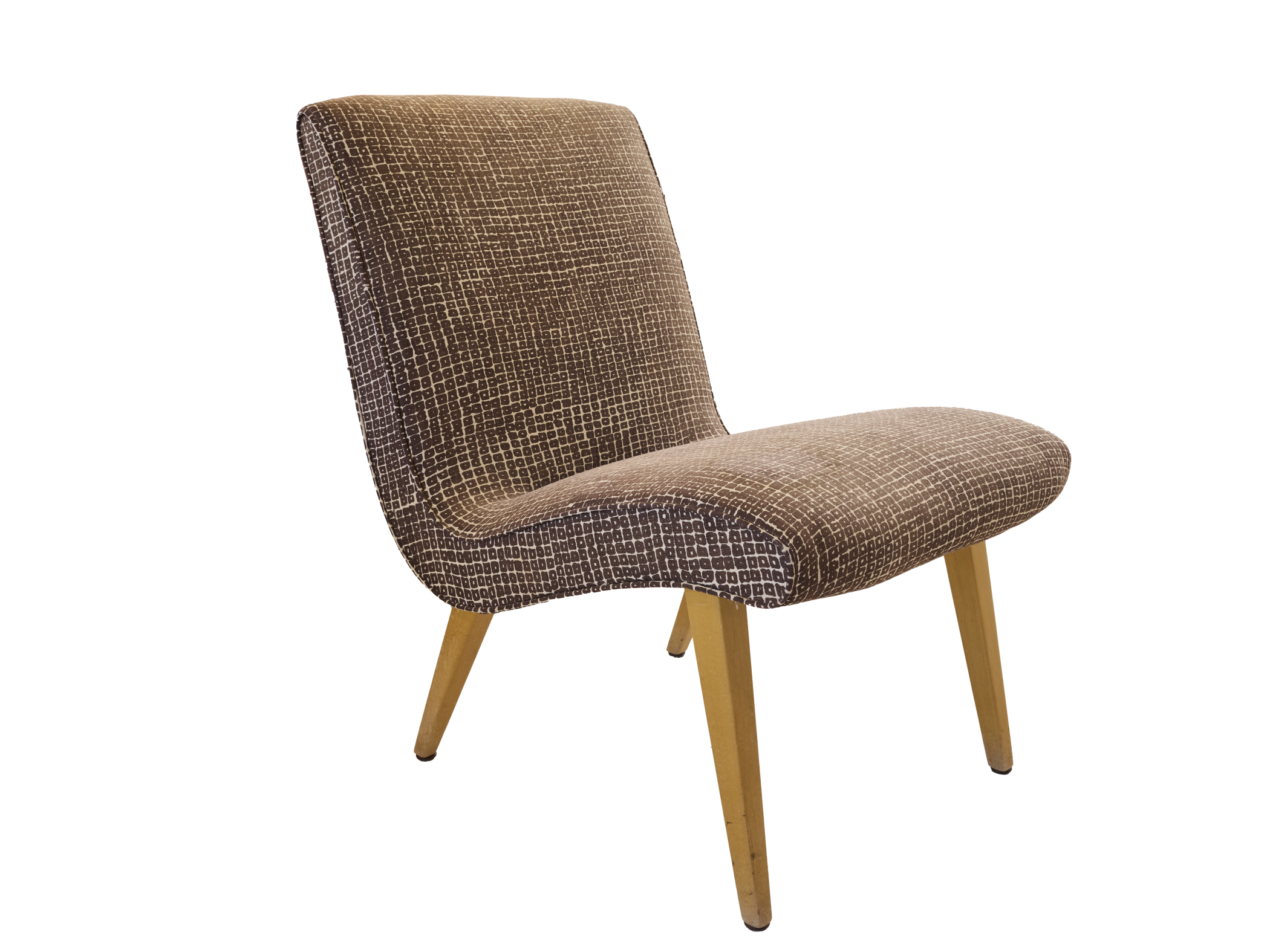 A curved side chair upholstered in a subtle brown and white pattern. The legs are a light brown wood.