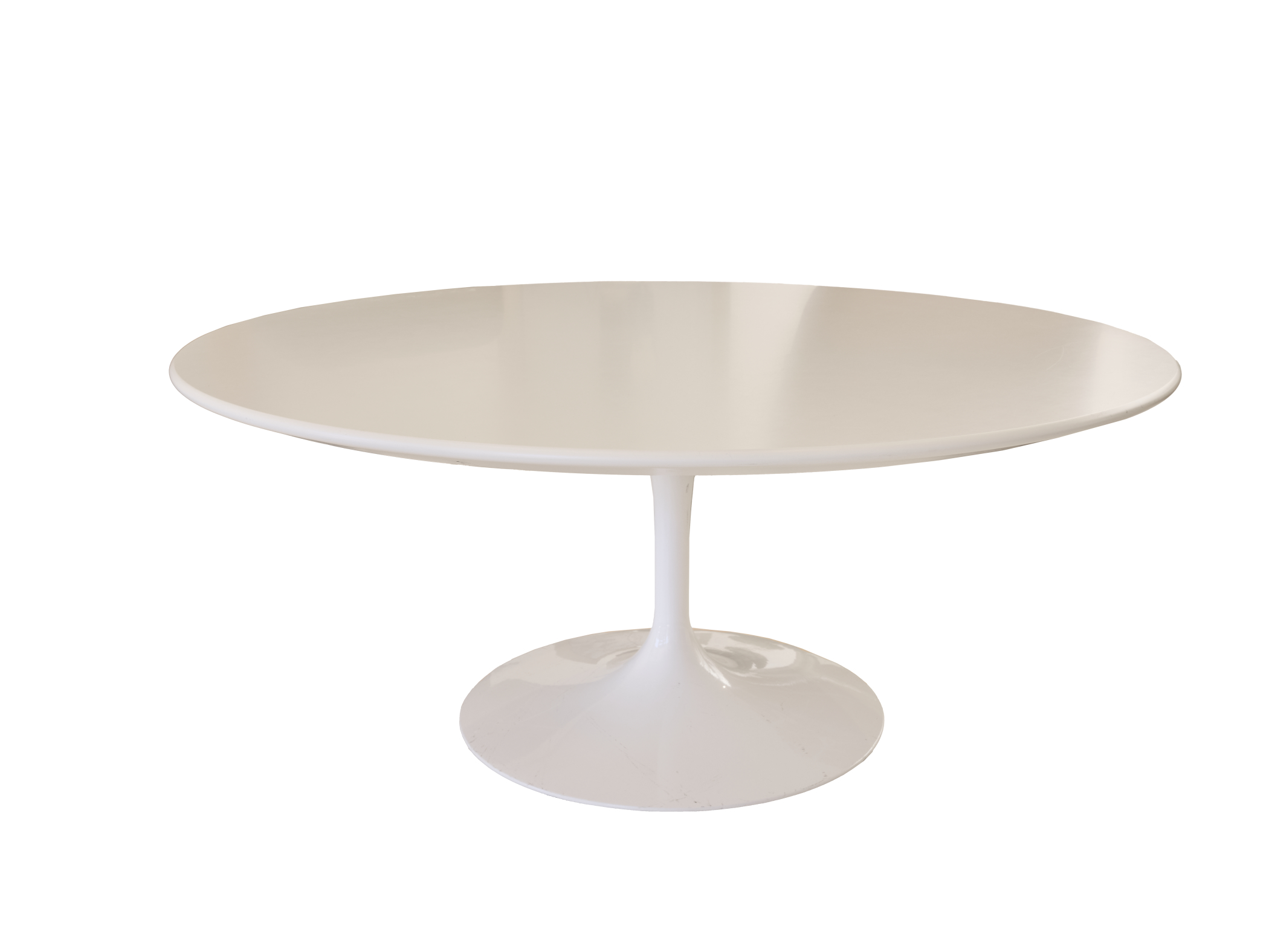 A white round table with a satin sheen has one single leg in the center of the same color that gradually eases into a circular pedestal.